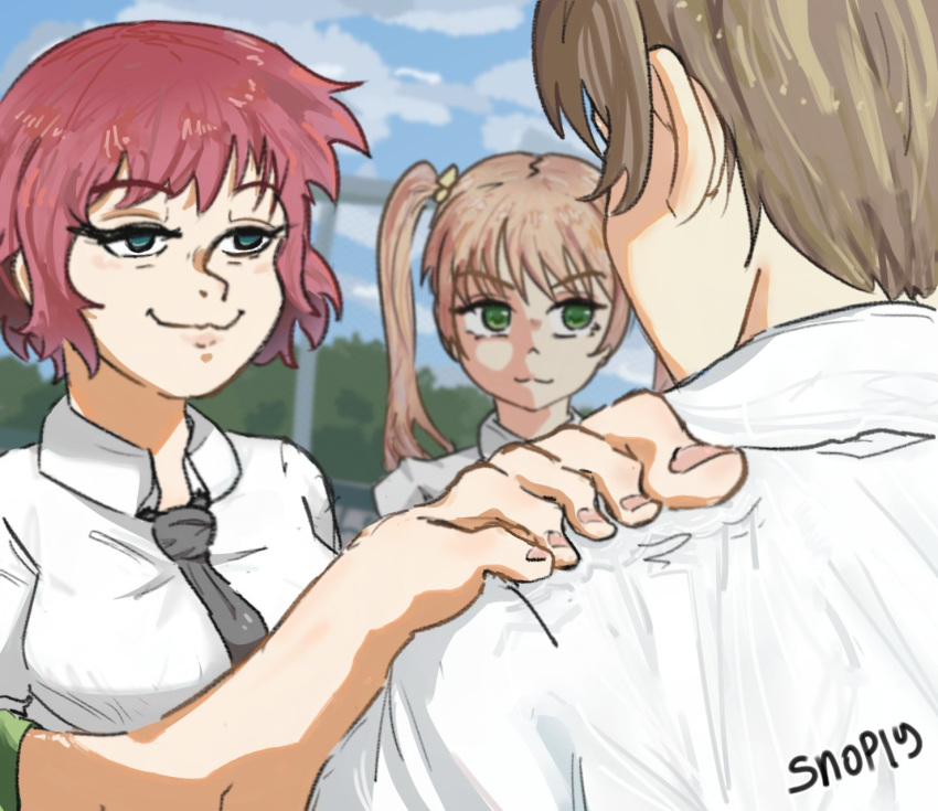 1boy, 2girls, :3, akakichi_no_eleven, akakichi_no_eleven_redraws, aqua_eyes, artist_name, black_necktie