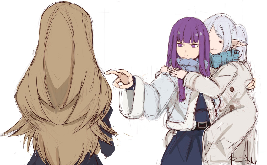 3girls, belt, belt_buckle, black_belt, blonde_hair, blue_scarf, buckle, closed_eyes, closed_mouth, coat, fern_(sousou_no_frieren), frieren, highres, long_hair, mature_female, meme, methode_(sousou_no_frieren), multiple_girls, pout, protected_kevin_hart_(meme), purple_hair, rakeemspoon, scarf, simple_background, sousou_no_frieren, violet_eyes, white_background, white_coat
