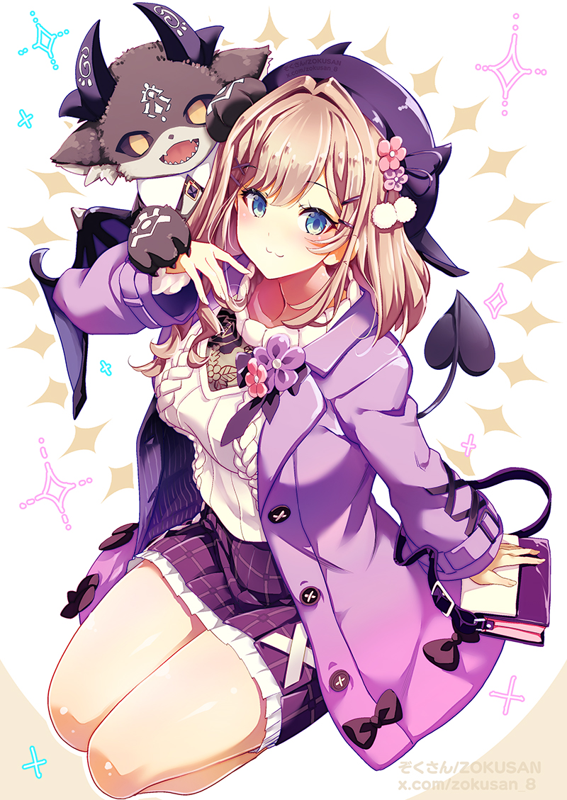 1girl, :3, alternate_eye_color, artist_name, beret, black_bow, black_horns, black_sclera