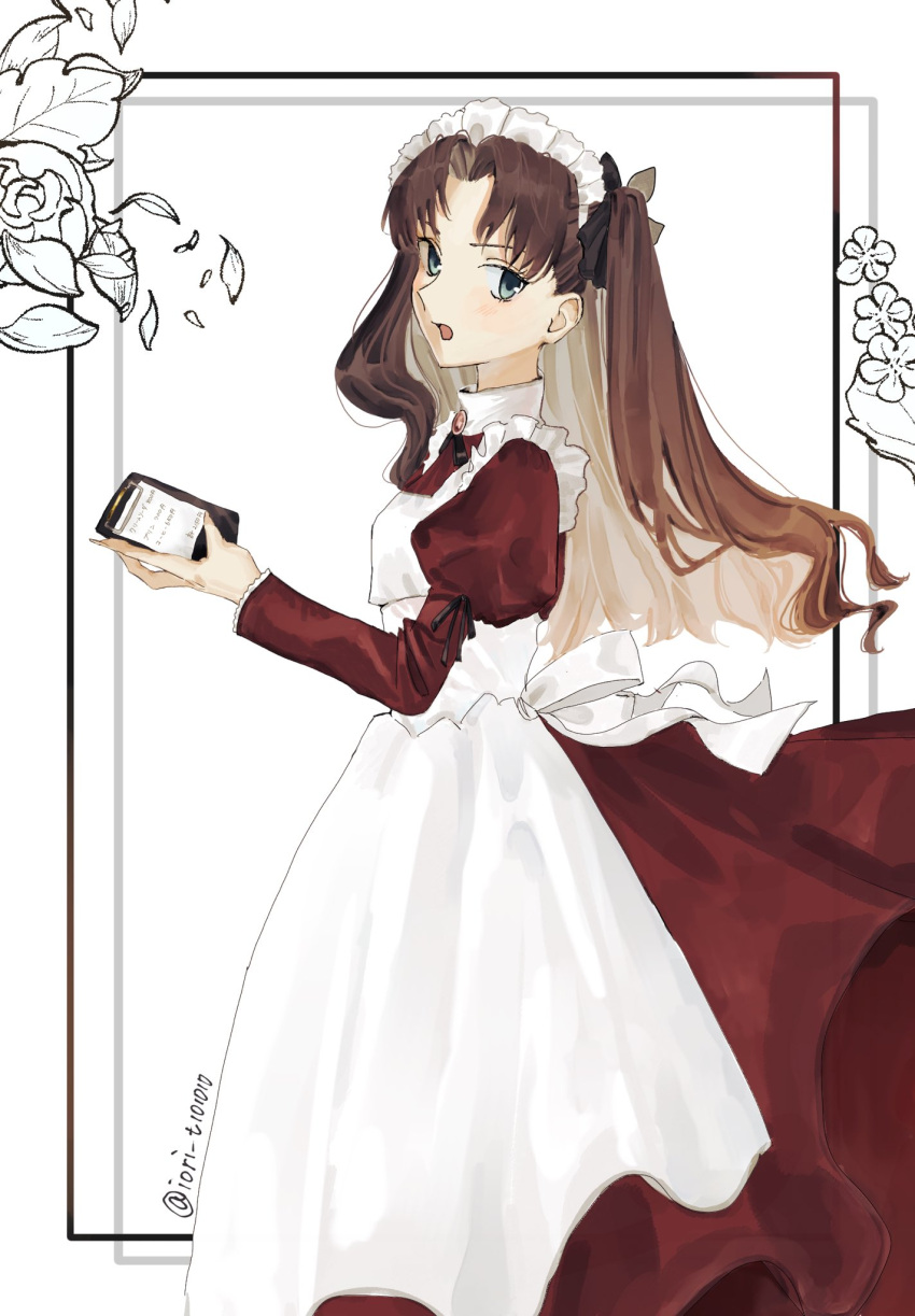 1girl, apron, artist_name, black_bow, black_ribbon, blonde_hair, blue_eyes, blush, border, bow, brown_hair, clipboard, collared_dress, colored_inner_hair, commentary_request, dress, fate/hollow_ataraxia, fate_(series), feet_out_of_frame, flower, frills, from_side, gem, hair_bow, hand_up, highres, holding, holding_clipboard, iori_t101010, jewelry, juliet_sleeves, long_dress, long_hair, long_sleeves, looking_at_viewer, maid, maid_apron, maid_headdress, multicolored_hair, neck_ribbon, official_alternate_costume, open_mouth, outside_border, parted_bangs, pendant, petals, puffy_sleeves, red_dress, red_gem, ribbon, rose, simple_background, solo, standing, tohsaka_rin, tongue, two_side_up, v-shaped_eyebrows, wavy_hair, white_apron, white_background, white_border
