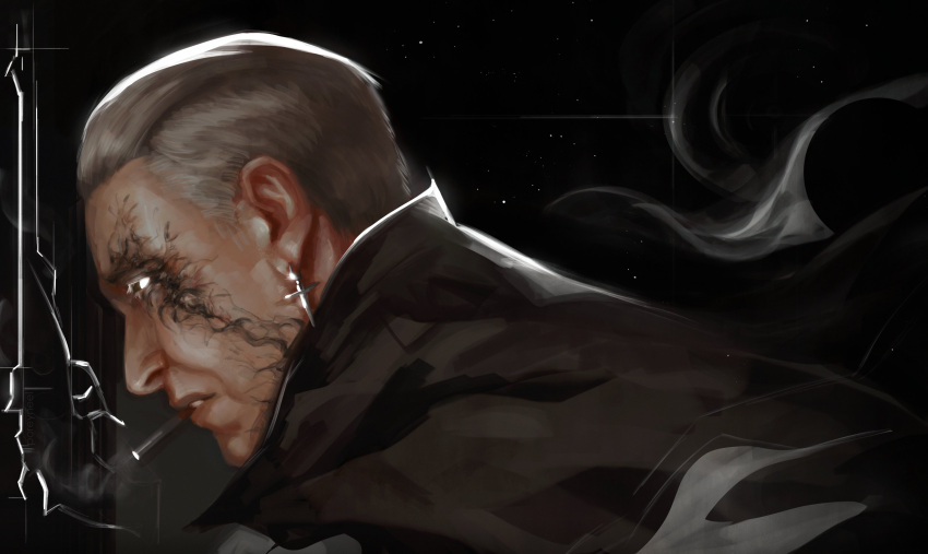 1boy, absurdres, black_sclera, black_shirt, buzz_cut, cigar, colored_sclera, commentary