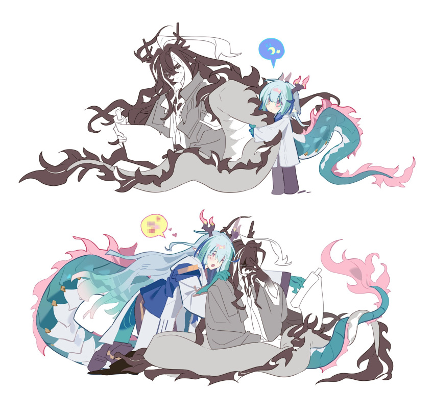 2boys, aged_down, arknights, blue_hair, blush, brothers, censored, censored_symbol