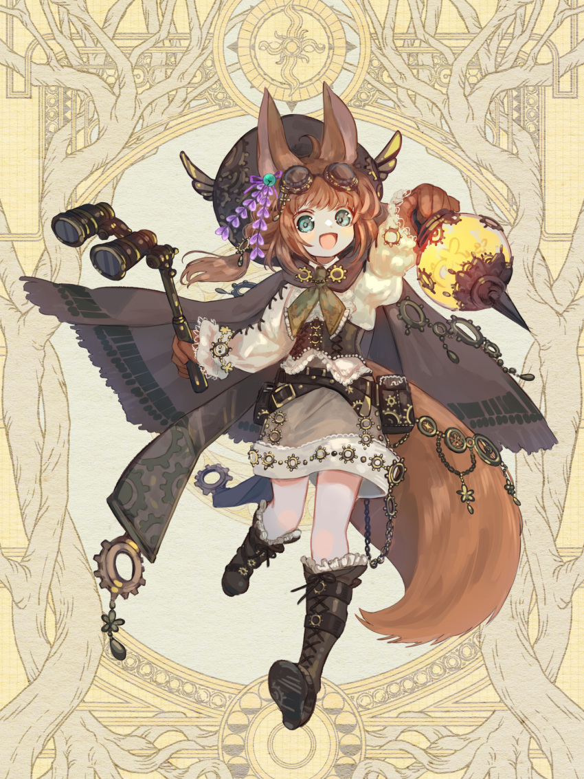 1girl, :d, animal_ears, binoculars, black_cape, black_hat, boots, brown_cape