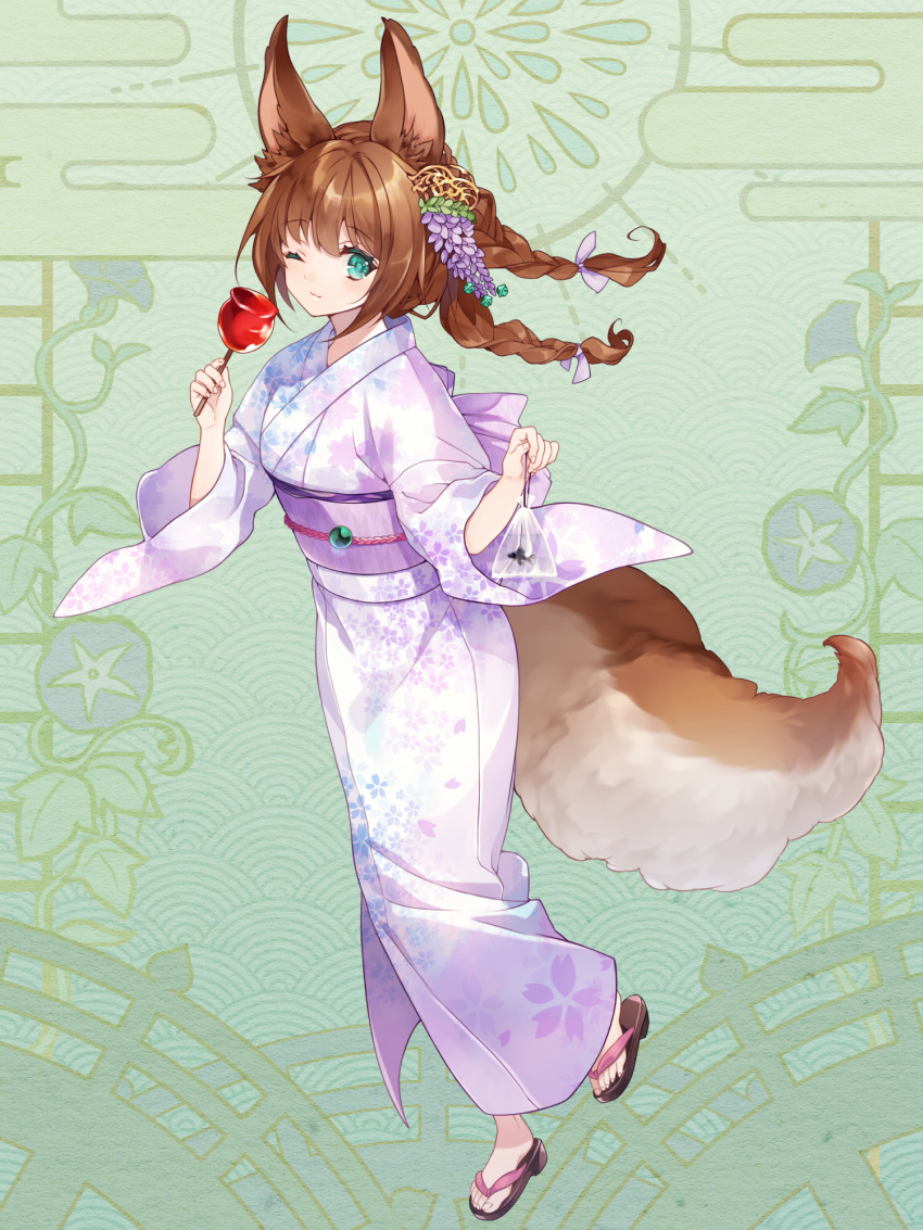 1girl, animal_ears, aqua_eyes, bag, bagged_fish, braid, brown_hair, candy_apple