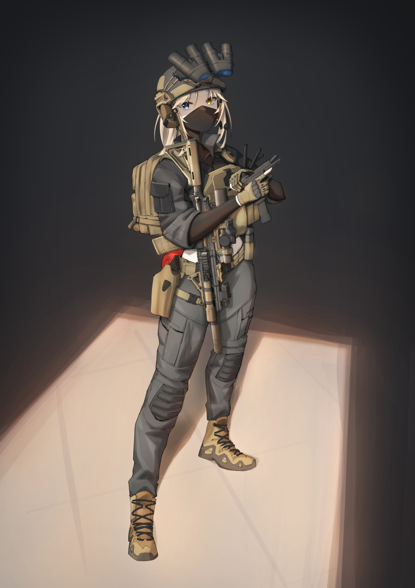 1girl, absurdres, assault_rifle, blonde_hair, boots, commission, gloves, gun