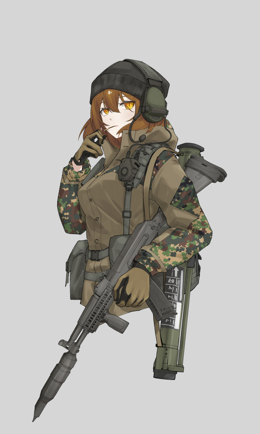 1girl, absurdres, assault_rifle, brown_hair, camouflage, cigarette, earphones, gloves