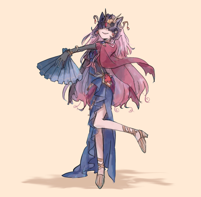 1girl, bad_id, bad_twitter_id, black_gloves, black_helmet, blue_dress, chaos_haltiere_(grimms_notes), dress, full_body, gem, gloves, grimms_notes, grin, hand_fan, helmet, highres, holding, holding_fan, jewelry, kmmm, leg_up, long_hair, outstretched_arm, pink_hair, red_gem, shadow, shoes, simple_background, sketch, smile, solo, standing, standing_on_one_leg, teeth, wavy_hair, yellow_shoes