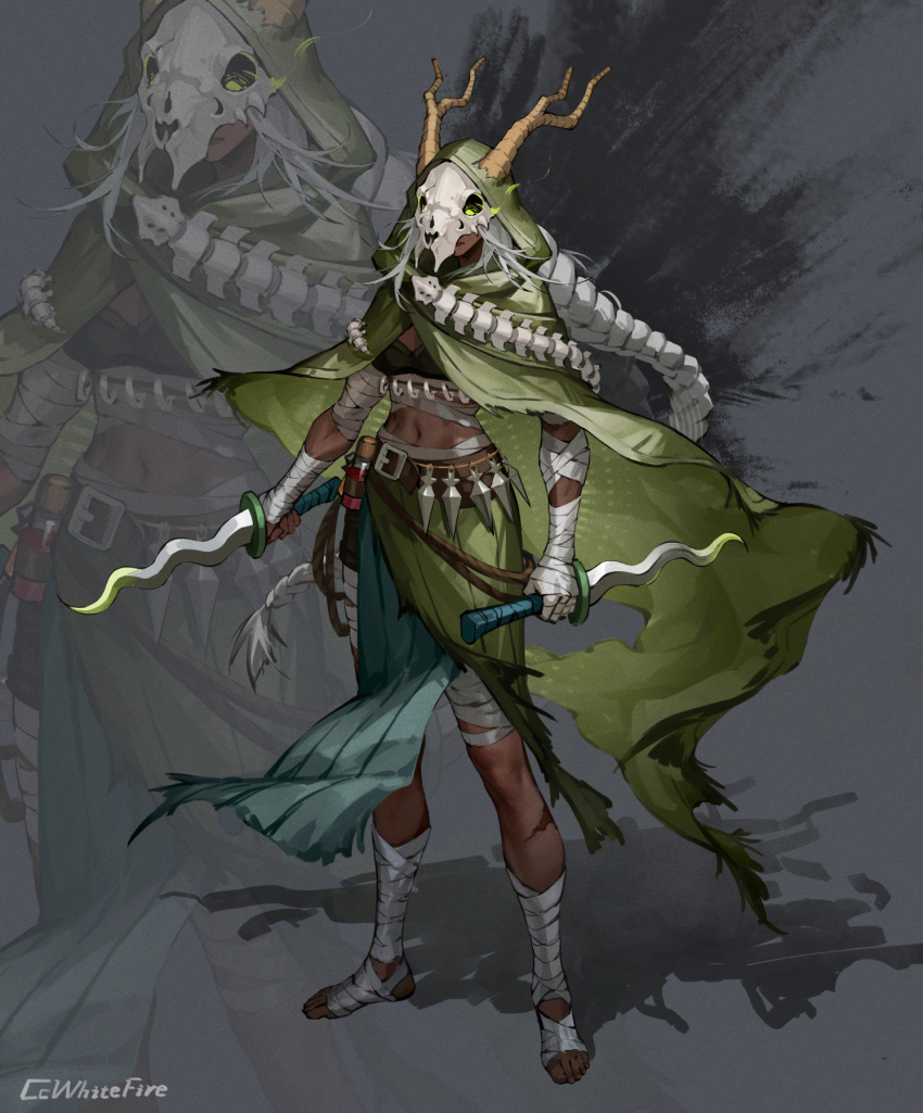 1girl, animal_skull, bandages, breasts, cloak, closed_mouth, commentary_request, dagger