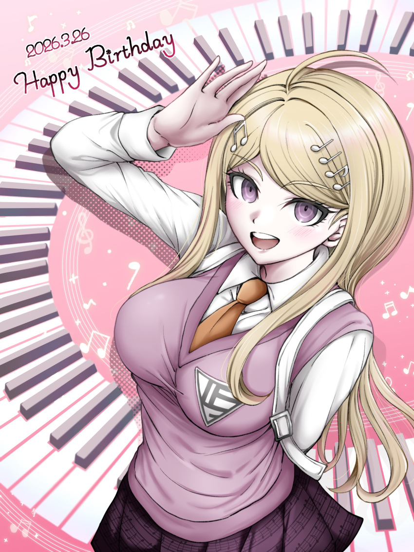 1girl, absurdres, ahoge, akamatsu_kaede, blonde_hair, breasts, collared_shirt, commentary_request