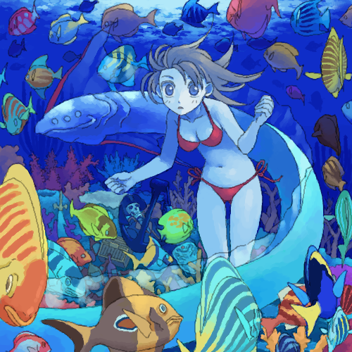 bikini, blue_eyes, brown_hair, coral, eel, fish, freediving, lowres