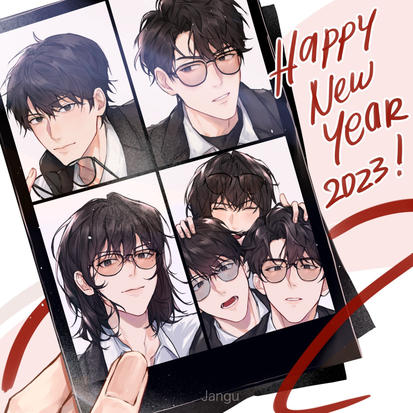 1girl, 2boys, abopikjang, bespectacled, black_eyes, black_hair, black_jacket, collared_shirt