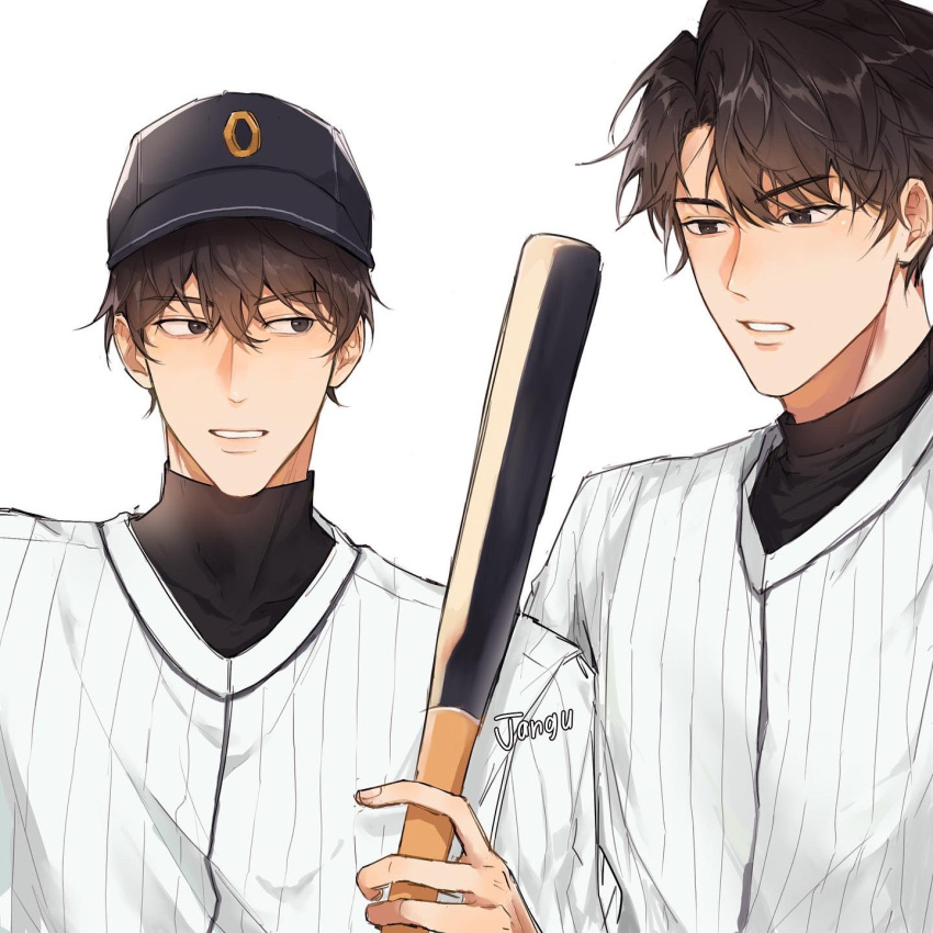 2boys, abopikjang, baseball_bat, black_eyes, black_hair, black_shirt, hat, high_collar