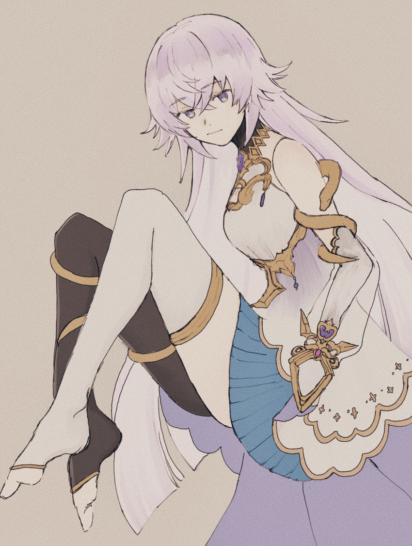 1girl, bad_id, bad_twitter_id, black_thighhighs, blue_skirt, breasts, cleavage_cutout, closed_mouth, clothing_cutout, grey_background, grimms_notes, highres, imomg_5699, kagami_sei_no_kote_(grimms_notes), light_smile, long_hair, looking_at_viewer, magic_mirror_(grimms_notes), purple_hair, simple_background, skirt, solo, spiky_hair, thigh-highs, toeless_legwear, very_long_hair, violet_eyes, white_thighhighs