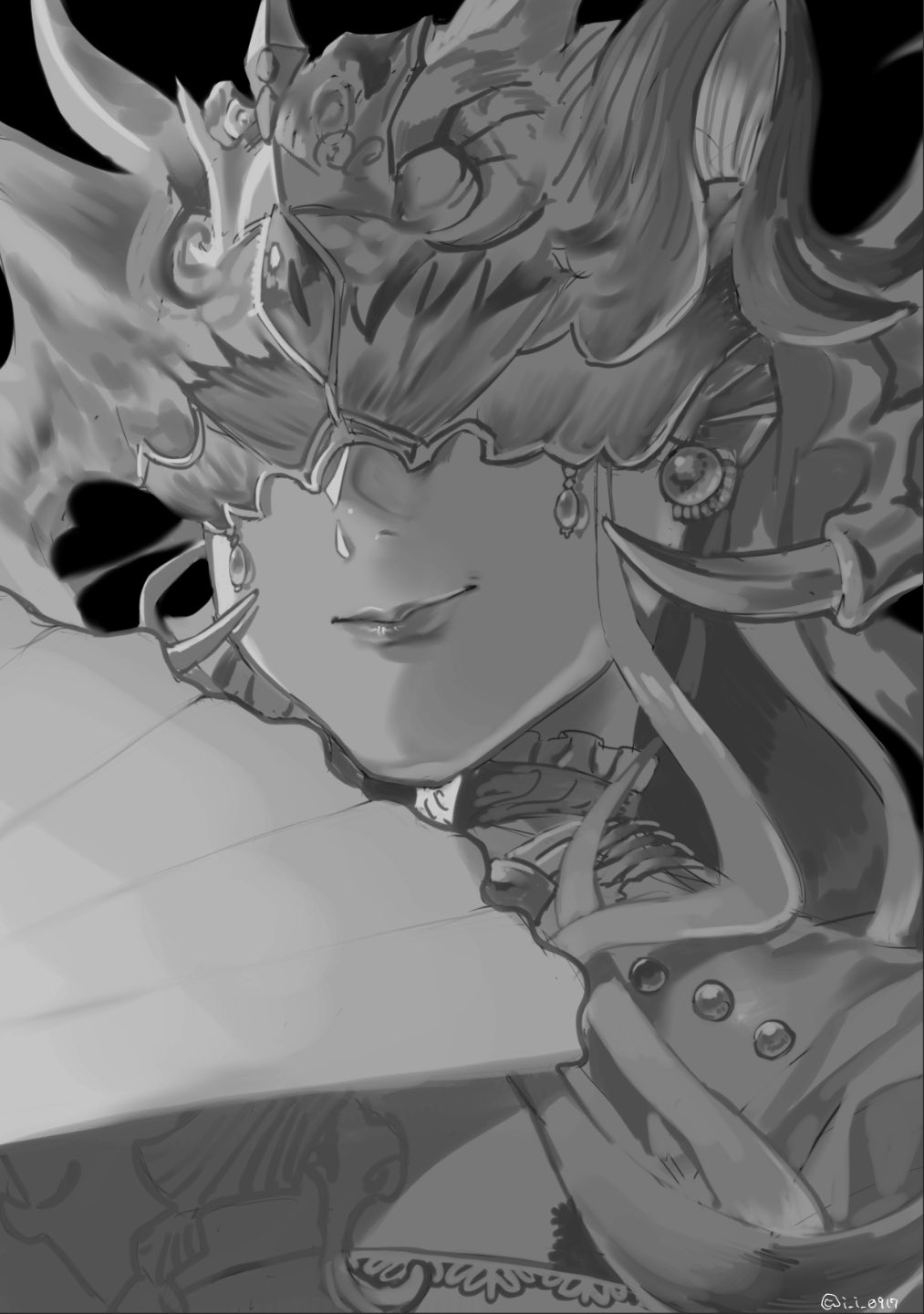 1girl, bad_id, bad_twitter_id, black_background, chaos_haltiere_(grimms_notes), closed_mouth, covered_eyes, curly_hair, greyscale, grimms_notes, hand_fan, helmet, highres, holding, holding_fan, i_i_0917, jewelry, lips, long_hair, monochrome, simple_background, smile, solo, twitter_username, upper_body
