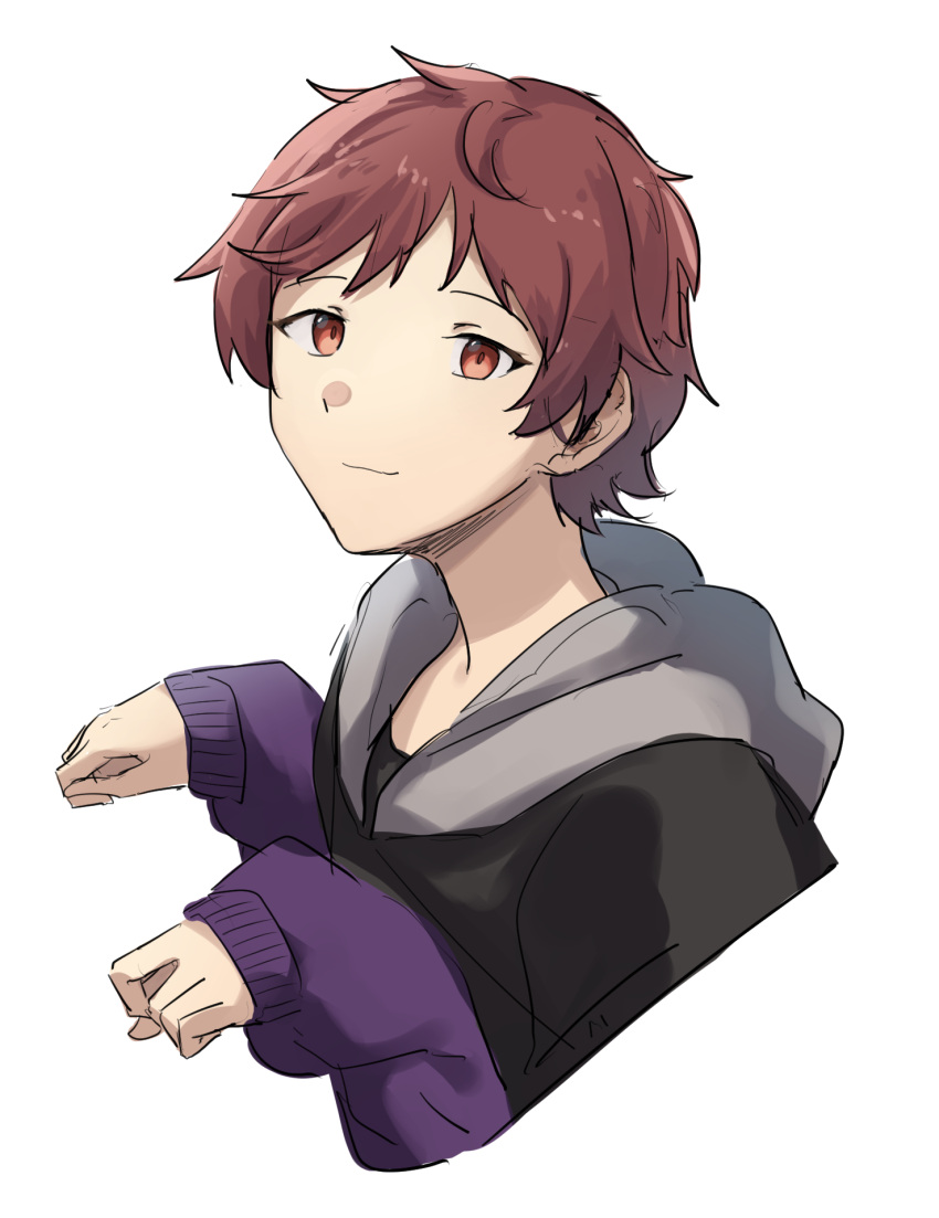 1boy, black_hoodie, brown_hair, closed_mouth, commentary_request, cropped_torso, from_side, grey_hood