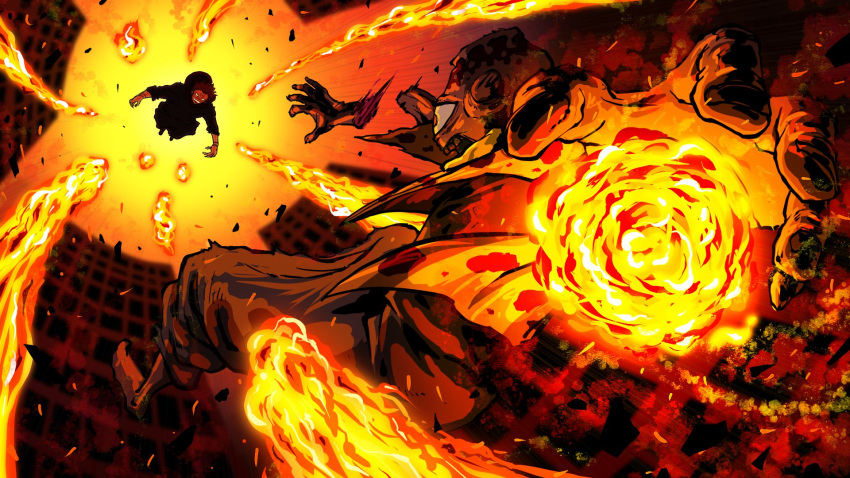 1boy, 3ch_graphics, black_pants, city, curse, cursed_spirit_(jujutsu_kaisen), cyclops, fire, flying, highres, jogo_(jujutsu_kaisen), jujutsu_kaisen, one-eyed, pants, pink_hair, ryoumen_sukuna_(jujutsu_kaisen)