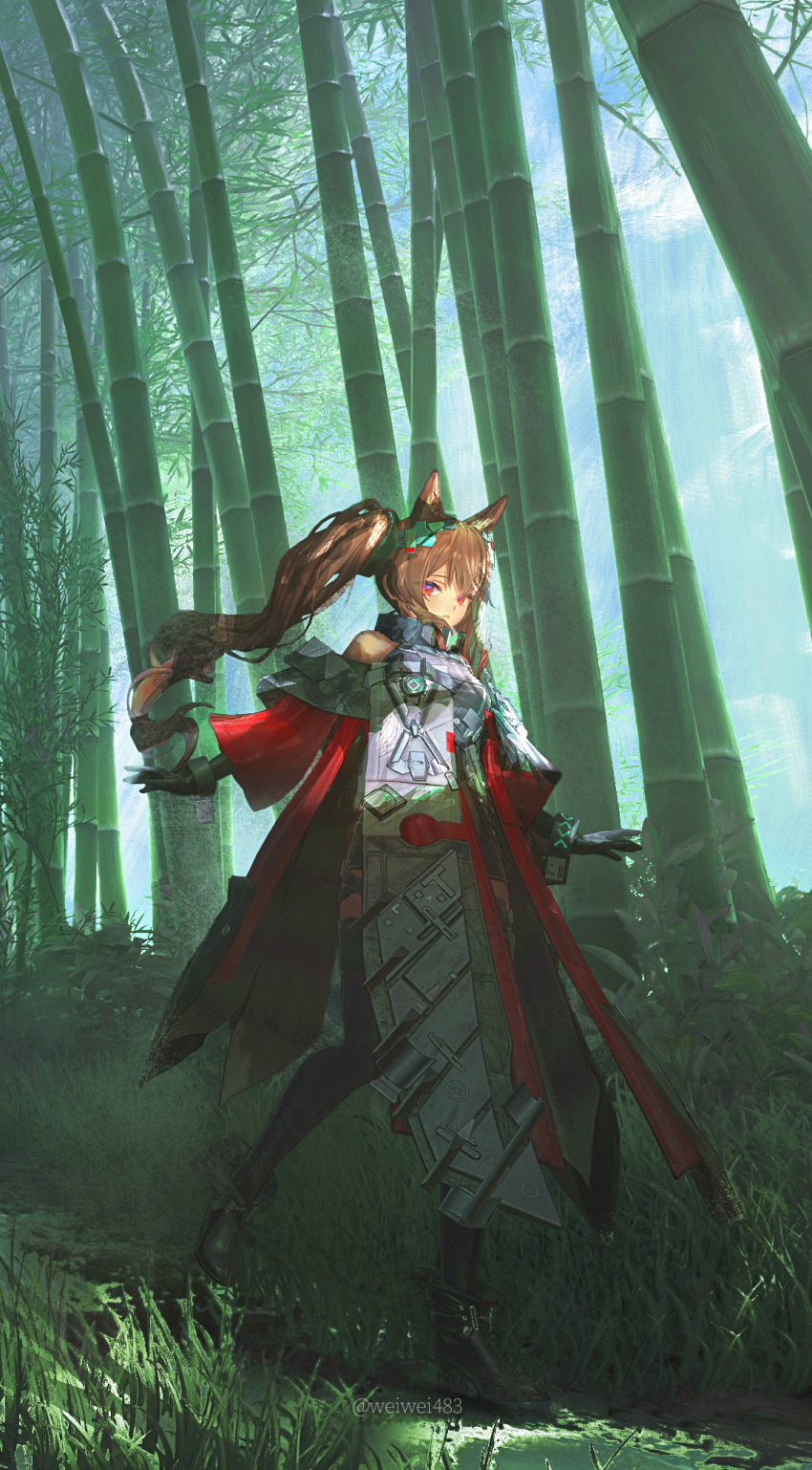 :3, angelina_(arknights), animal_ear_fluff, animal_ears, arknights, arknights:_endfield, bamboo, bamboo_forest, black_dress, black_gloves, black_shoes, black_thighhighs, brown_hair, commentary, dress, forest, fox_ears, fox_girl, gilberta_(arknights), glasses, gloves, grass, highres, looking_at_viewer, nature, pink_eyes, shoes, thigh-highs, twintails, untranslatable_commentary, weiwei483