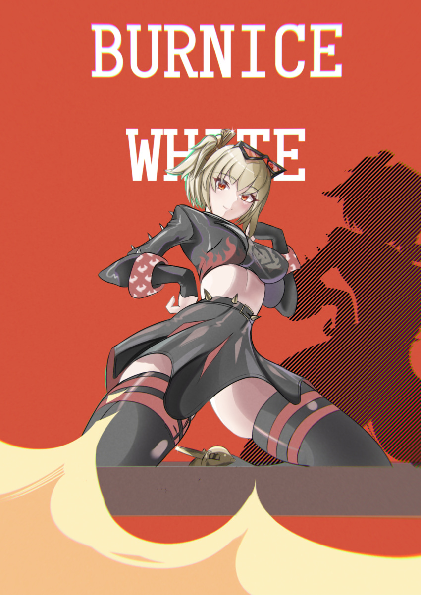 biker_clothes, bikesuit, black_jacket, bodysuit, burnice_white, colored_skin, fire, glasses, highres, jacket, kuro1tanaka, latex, latex_legwear, non-web_source, red_background, red_eyes, spiked_jacket, white_hair, white_skin, zenless_zone_zero