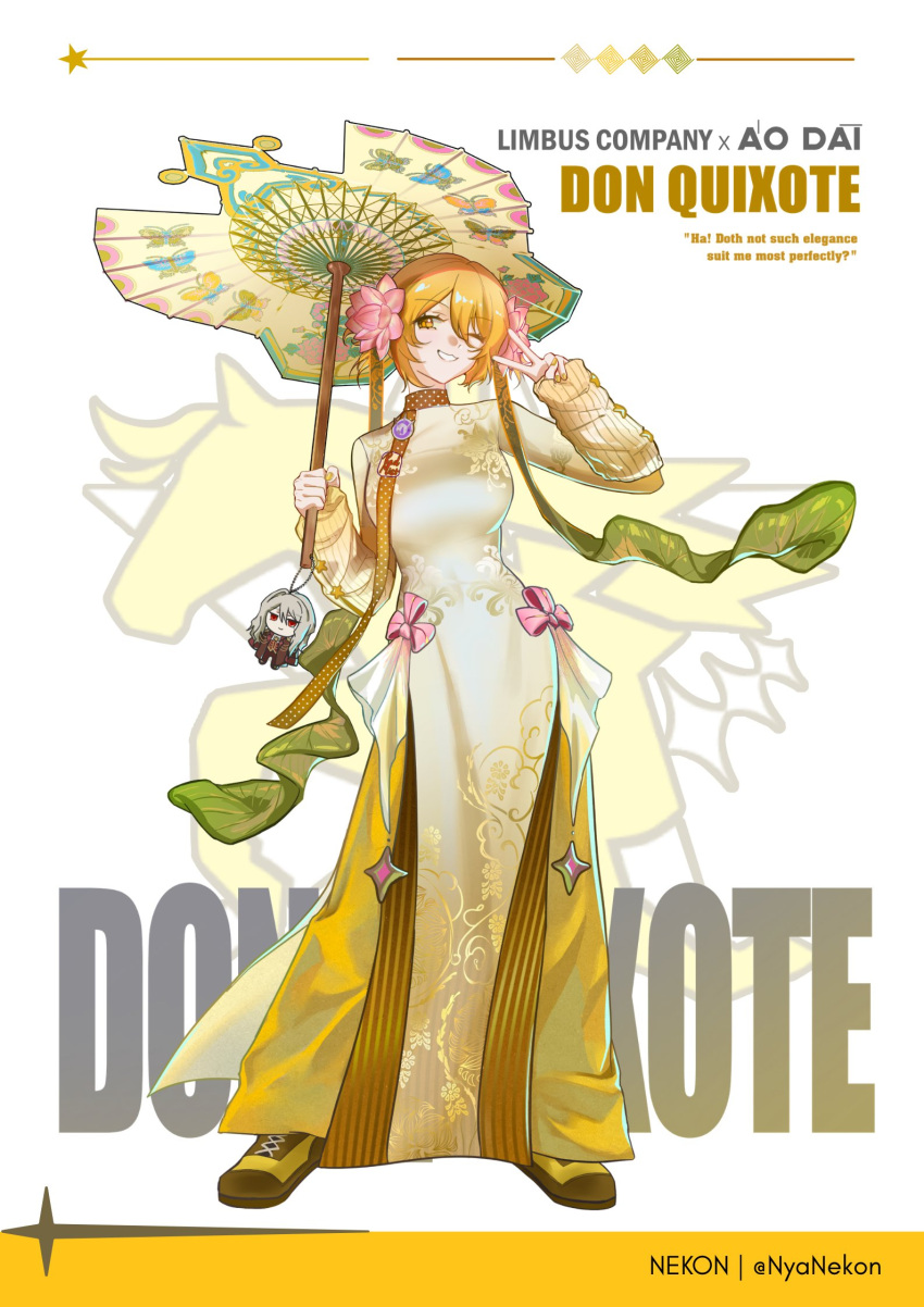 1girl, alternate_costume, animal_print, ao_dai, arm_up, artist_name, black_shoes, blonde_hair