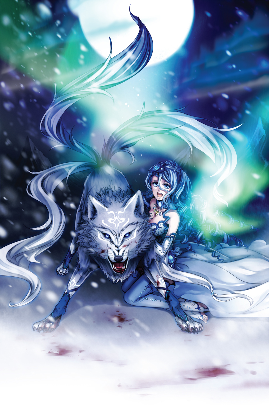 bare_shoulders, blizzard, blood, blue_eyes, blue_hair, blue_legwear, braid, breasts