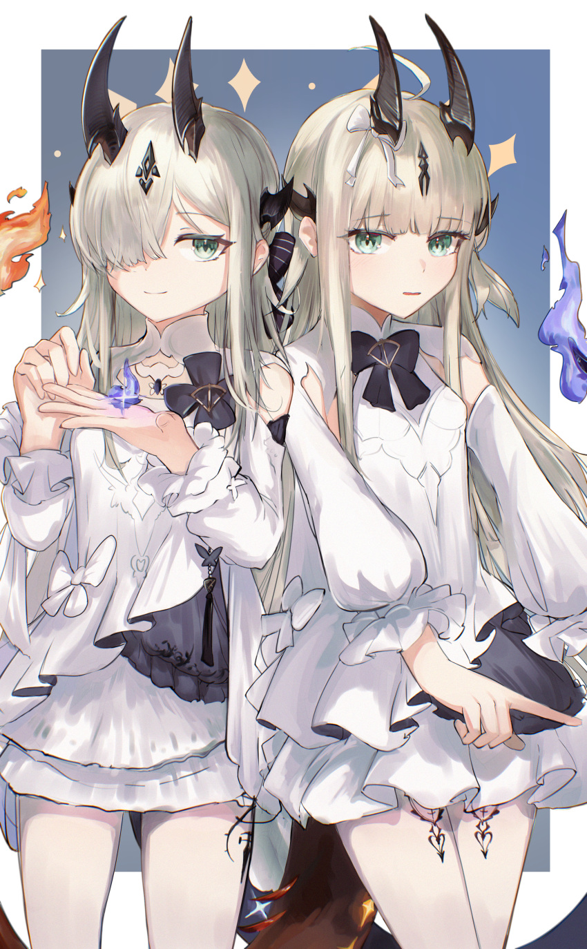 2girls, absurdres, aged_down, ahoge, arknights, black_horns, blonde_hair, border