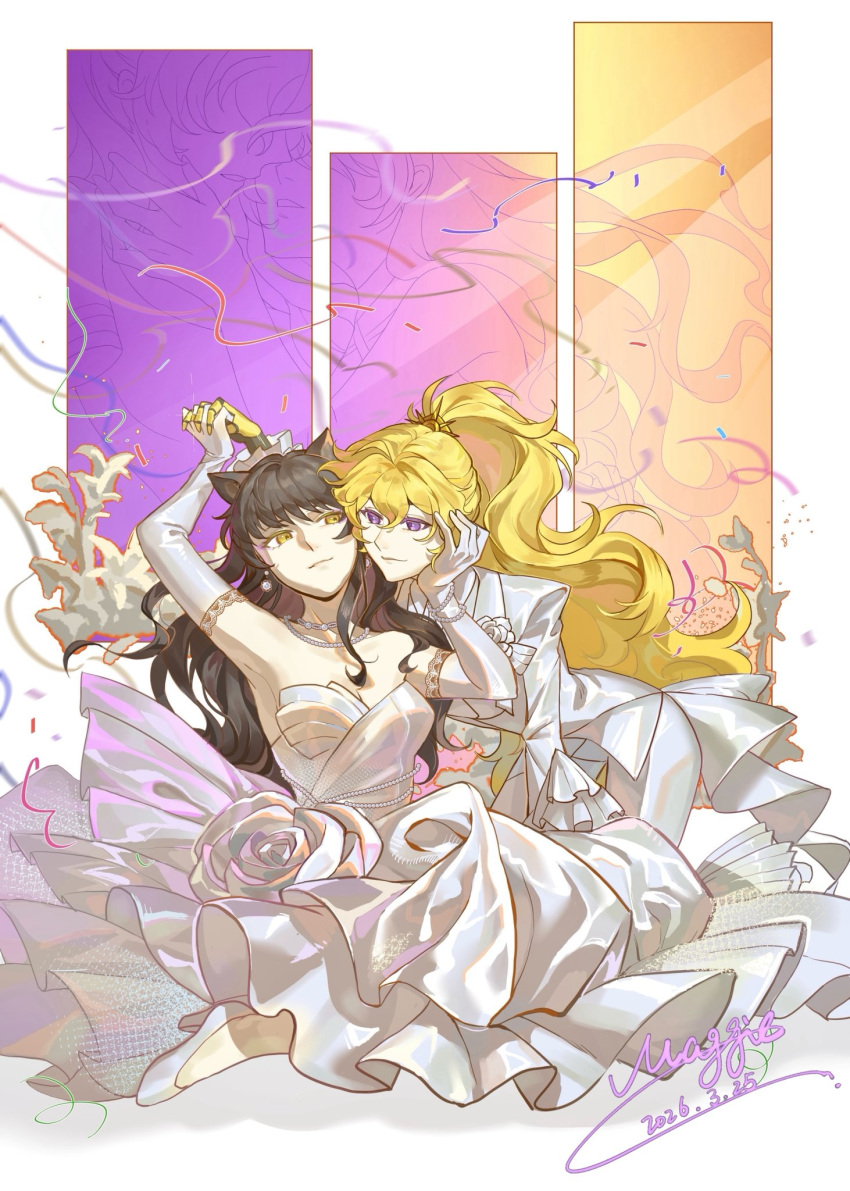 2girls, alternate_costume, animal_ears, black_hair, blake_belladonna, blonde_hair, bride, cat_ears
