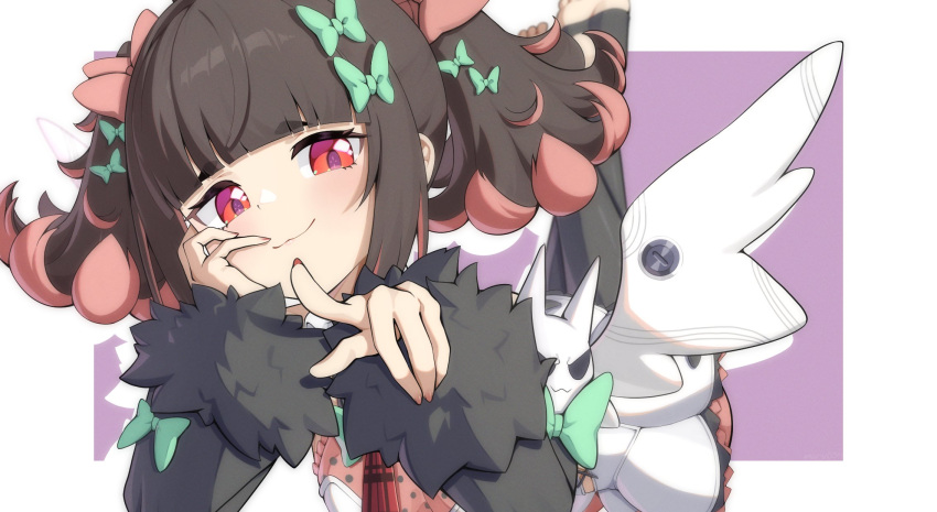 black_hair, blush, bow, colored_inner_hair, commentary, dress, green_bow, hair_bow