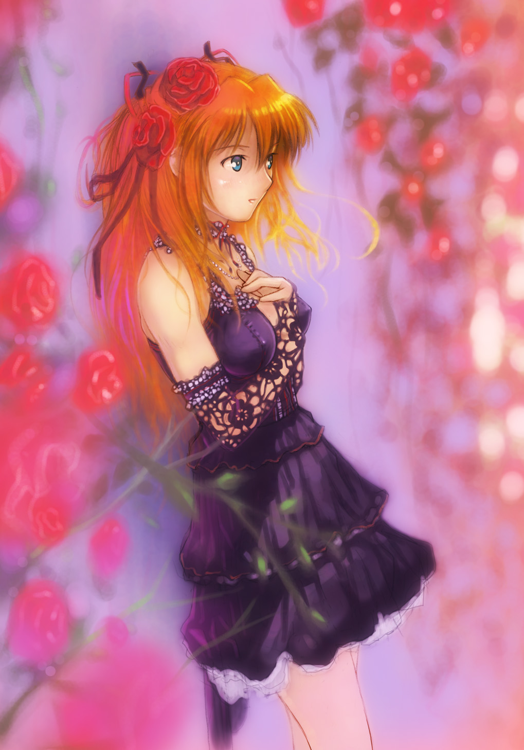 against_wall, bare_shoulders, black_dress, blue_eyes, bridal_gauntlets, choker, dress, flower