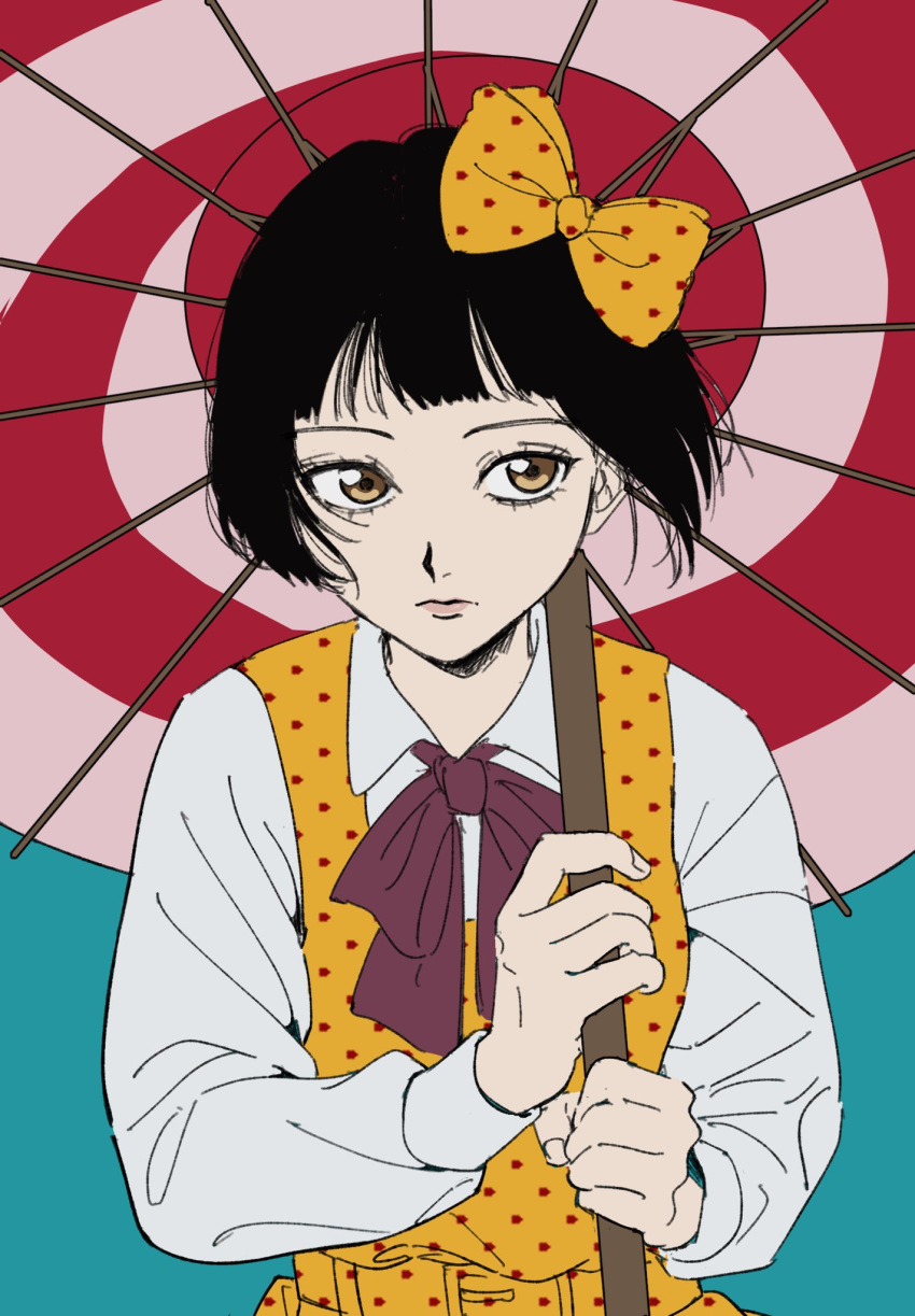 1girl, aqua_background, black_hair, bow, bowtie, brown_eyes, commentary_request, dress
