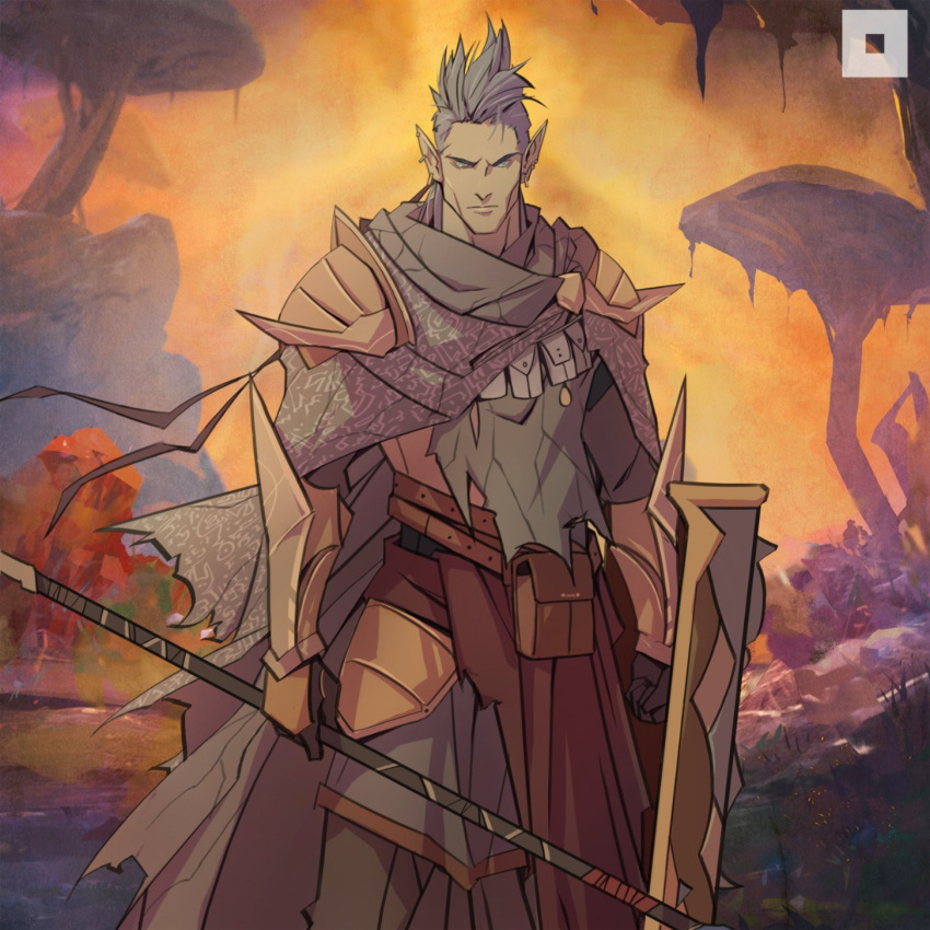 1boy, armor, belt, belt_pouch, brown_loincloth, caliblorn, cape, colored_skin, cowboy_shot, facing_viewer, gauntlets, giant_mushroom, gold_armor, grey_cape, grey_eyes, grey_hair, highres, holding, holding_polearm, holding_shield, holding_weapon, indoril_nerevar, looking_at_viewer, male_focus, mohawk, mushroom, official_art, pointy_ears, polearm, pouch, shield, shoulder_armor, shoulder_pouch, sky, the_elder_scrolls, the_elder_scrolls_iii:_morrowind, waist_cape, watermark, weapon, white_hair, yellow_skin, yellow_sky