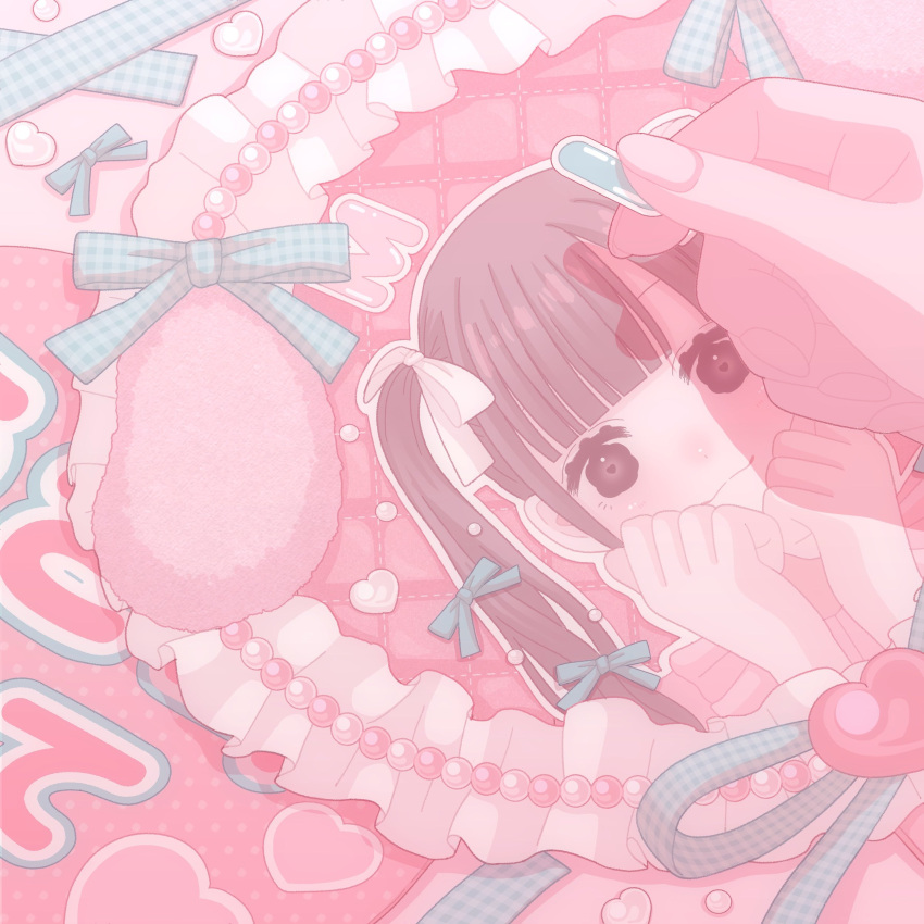 1girl, :3, absurdres, aqua_ribbon, blunt_bangs, blush, brown_hair, checkered_ribbon