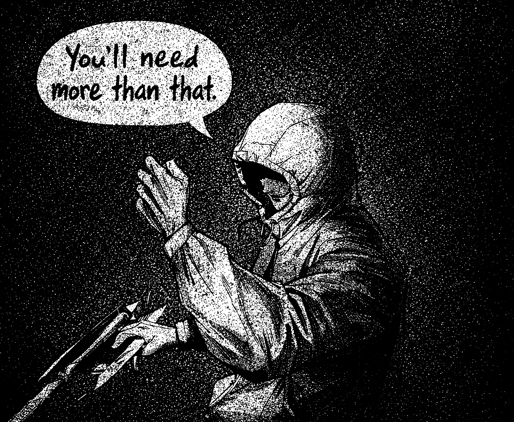 1boy, axe, black_background, closed_mouth, greyscale, holding, holding_axe, hood