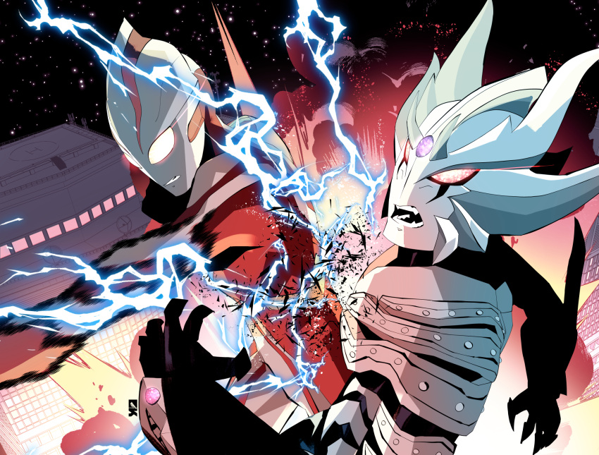 2boys, alien, armor, building, cityscape, claws, colored_skin, commentary