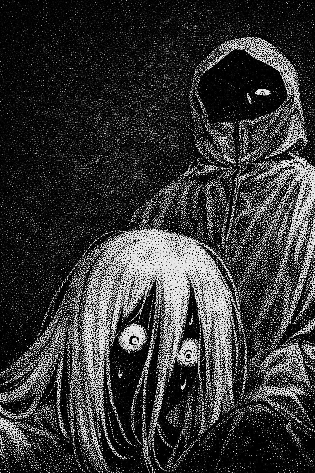 2boys, black_background, commentary, english_commentary, greyscale, highres, hood, hoodie, itadori_yuuji, jujutsu_kaisen, jujutsu_kaisen_modulo, long_hair, mahito_(jujutsu_kaisen), monochrome, multiple_boys, nocturnmachine, one_eye_closed, shadow, sweat