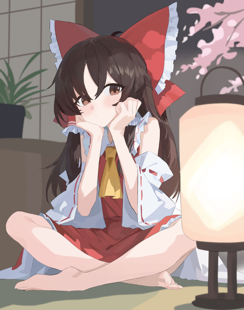 1girl, absurdres, ahoge, architecture, ascot, barefoot, bow, brown_eyes