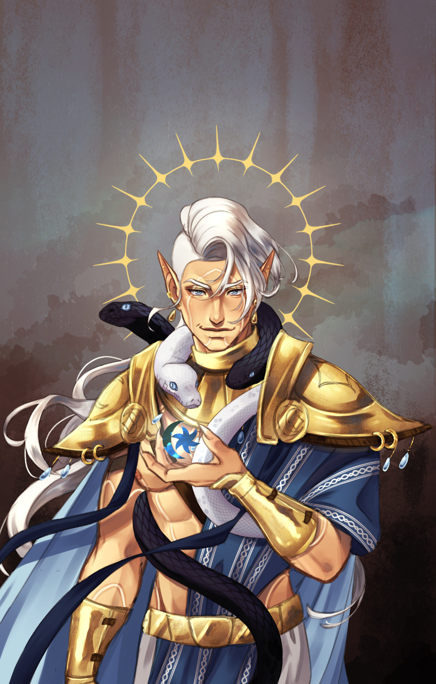 1boy, abs, absurdres, armor, black_snake, blue_cape, blue_eyes, blue_loincloth, blue_robe, body_markings, cape, commentary, cowboy_shot, crescent, earrings, english_commentary, facial_mark, gold_armor, gold_bracer, gold_earrings, grey_background, halo, halo_behind_head, highres, indoril_nerevar, jewelry, long_hair, male_focus, mohawk, open_hand, pectorals, pointy_ears, robe, shoulder_armor, smile, snake, star_(symbol), the_elder_scrolls, the_elder_scrolls_iii:_morrowind, topless_male, trickstarbrave, white_hair, white_loincloth, white_snake
