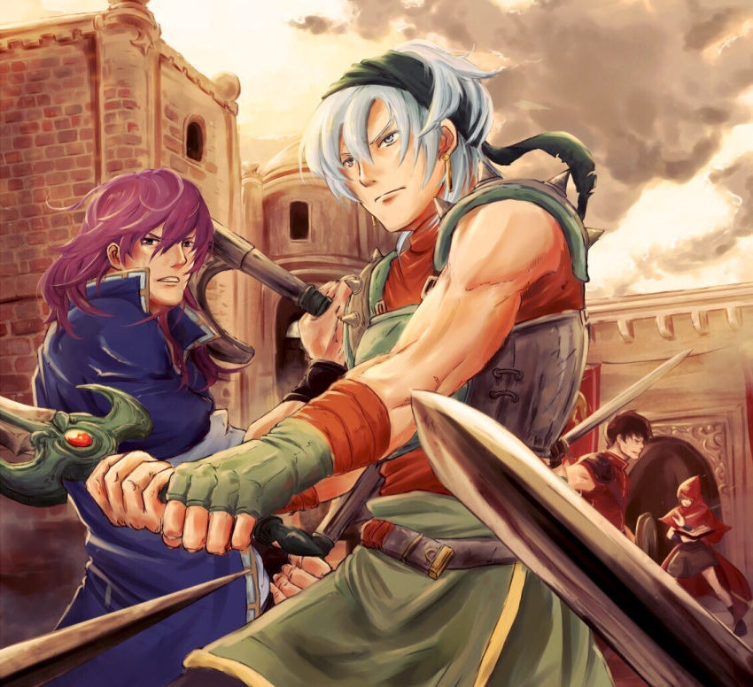 1girl, 3boys, armor, axe, bad_id, bad_pixiv_id, bandana, breastplate