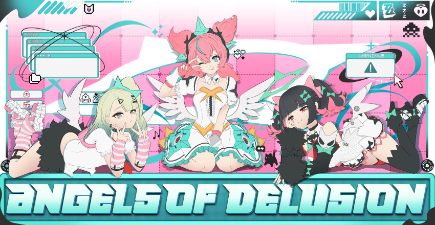 3girls, absurdres, angels_of_delusion, aria_(zenless_zone_zero), arm_warmers, bare_shoulders, black_hair, blue_eyes, bow, colored_inner_hair, dankira, dress, earrings, fingerless_gloves, gloves, green_bow, green_eyes, green_hair, green_halo, hair_bow, hair_ornament, halo, highres, jewelry, leg_warmers, looking_at_viewer, multicolored_hair, multiple_girls, multiple_hair_clips, musical_note_earrings, nangong_yu, necktie, open_mouth, pink_arm_warmers, pink_bag, pink_hair, pink_leg_warmers, red_eyes, red_necktie, shirt, smile, streaked_hair, striped_arm_warmers, striped_leg_warmers, sunna_(zenless_zone_zero), too_many_bows, unfinished, white_dress, white_shirt, white_wings, winged_bag, wings, zenless_zone_zero