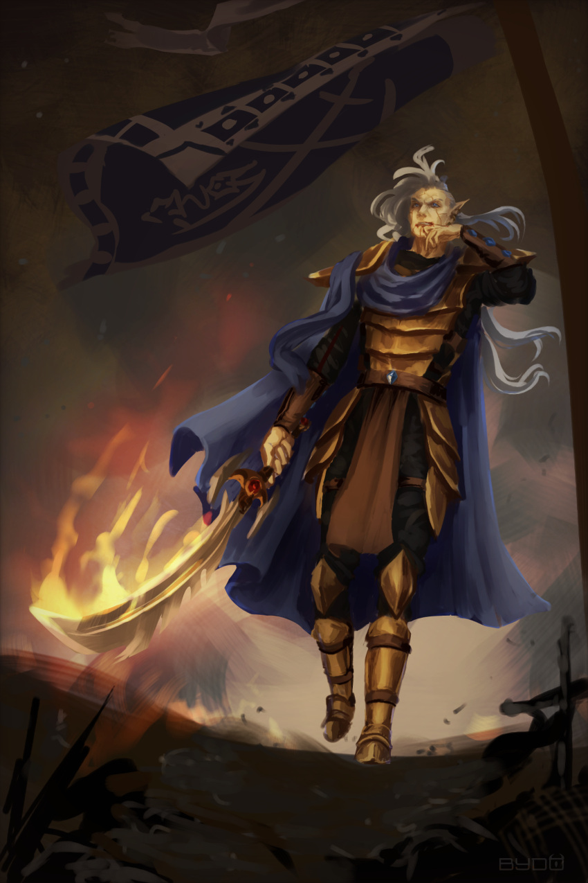 1boy, armor, armored_boots, artist_name, blood, blood_from_mouth, blue_cape, blue_eyes, boots, brown_loincloth, bydogalaxy, cape, clouds, cloudy_sky, colored_skin, commentary, english_commentary, fire, flag, flaming_sword, flaming_weapon, full_body, gold_armor, gold_bracer, grey_sky, highres, holding, holding_sword, holding_weapon, indoril_nerevar, long_hair, male_focus, mohawk, outdoors, painterly, pointy_ears, shoulder_armor, sky, smoke, sword, the_elder_scrolls, the_elder_scrolls_iii:_morrowind, walking, weapon, white_hair, yellow_skin
