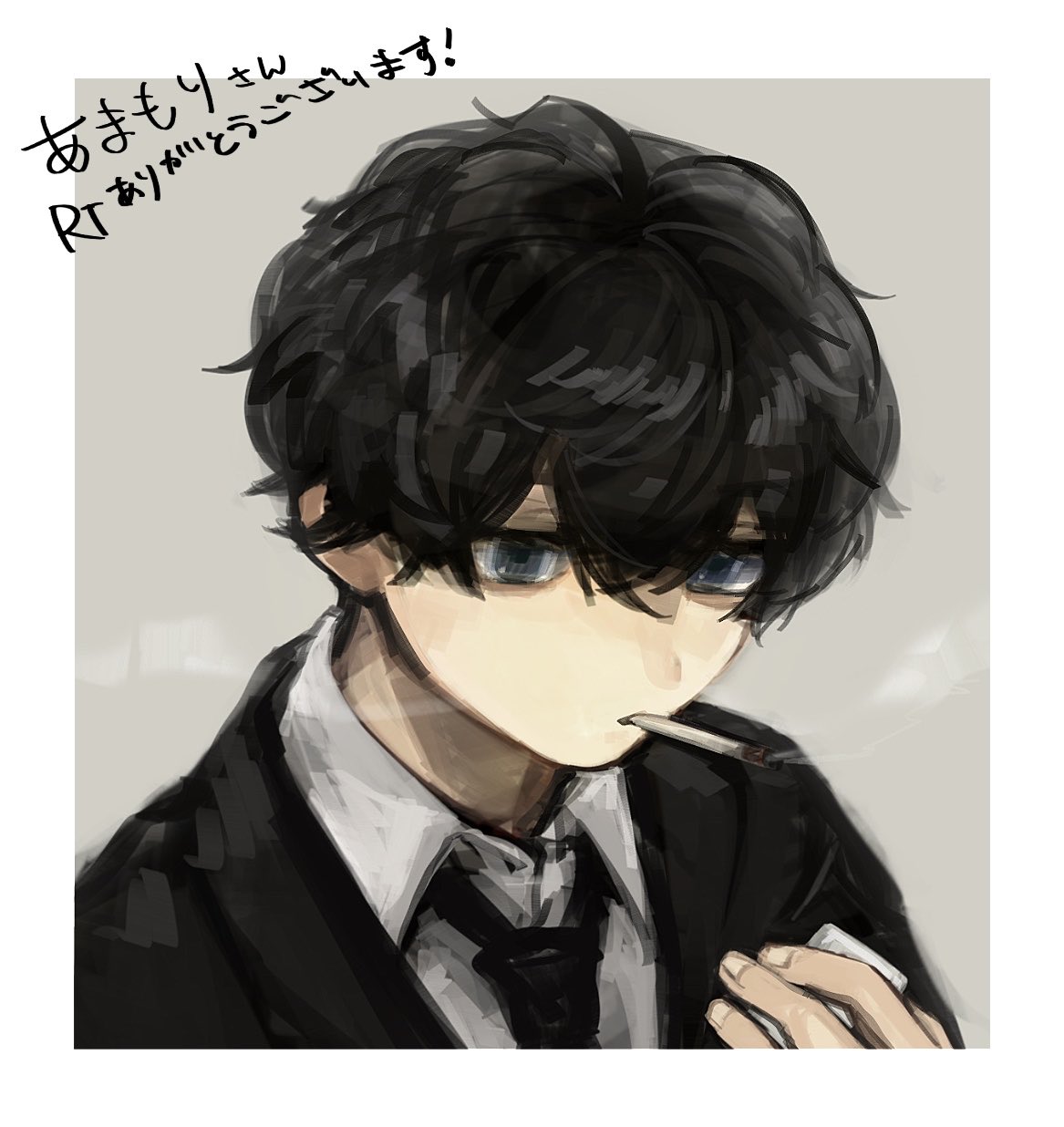 1boy, black_hair, black_jacket, black_necktie, collared_shirt, commentary_request, dress_shirt, formal_clothes, grey_eyes, highres, holding, holding_lighter, jacket, kuchinashi_dabi, lapels, lighter, looking_at_viewer, male_focus, necktie, oshi_no_taisetsuna_hito_ni_narikawaru, portrait, shirt, smoking, solo, suit_jacket, totsuzen_e, white_shirt