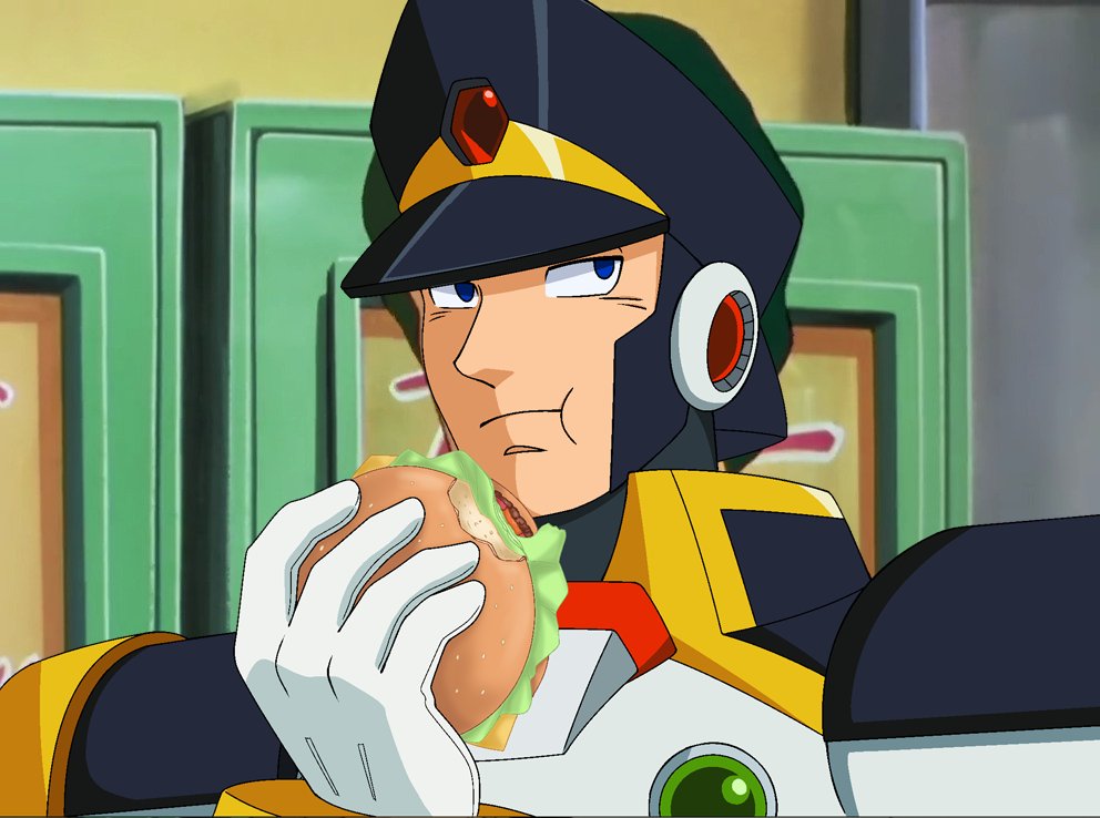 1boy, android, armor, black_armor, black_helmet, blue_eyes, bright_noa, burger, chest_jewel, diegodoodles, eating, food, forehead_jewel, gundam, hat, helmet, holding, holding_food, mega_man_(series), mega_man_x_(series), peaked_cap, robot, robot_ears, scene_reference, signas_(mega_man), solo, suzuoki_hirotaka, upper_body, voice_actor_connection, zeta_gundam