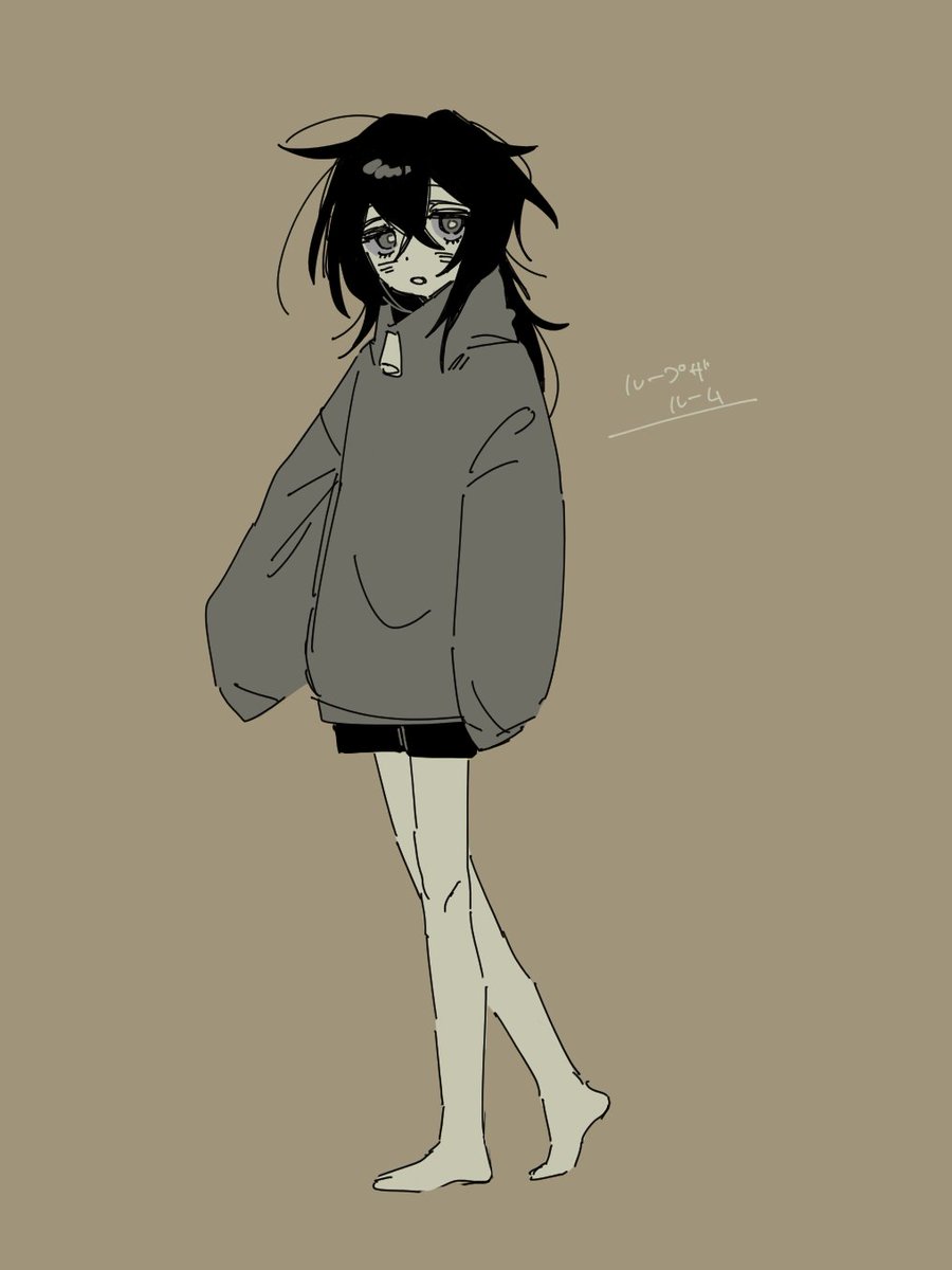 1girl, arms_at_sides, barefoot, black_hair, black_shorts, blush, bright_pupils, brown_background