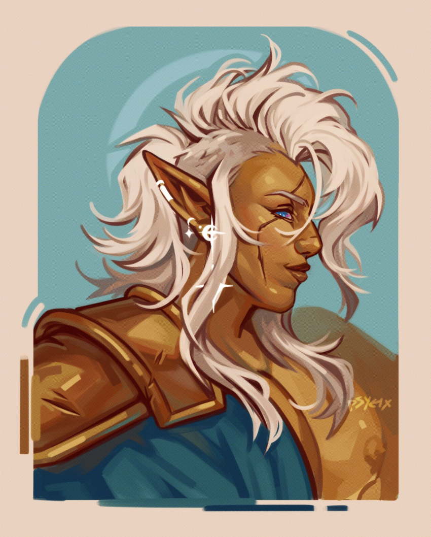 1boy, armor, artist_name, blue_background, blue_eyes, blue_robe, border, colored_skin