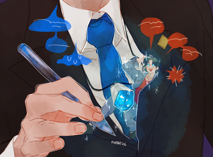 2boys, :d, artist_name, black_jacket, black_shoes, blue_eyes, blue_jacket, blue_necktie