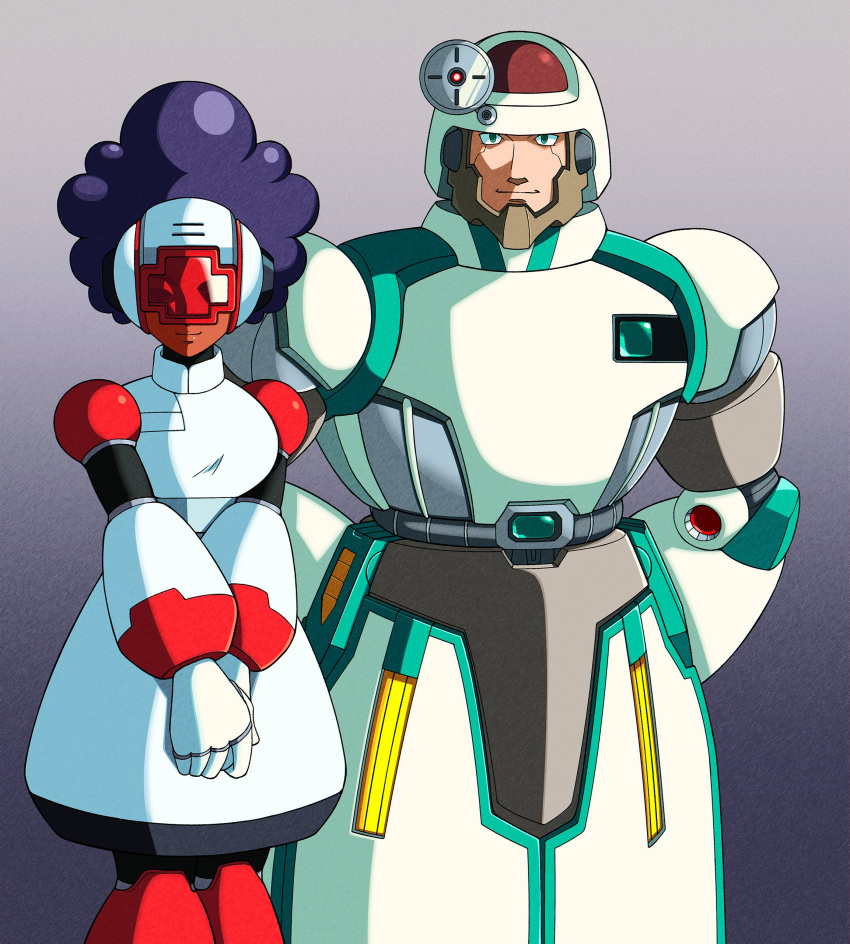 1boy, 1girl, absurdres, afro, android, aqua_eyes, armor, arms_behind_back, black_hair, breasts, commentary, cross, dark-skinned_female, dark_skin, diegodoodles, english_commentary, gradient_background, helmet, highres, large_breasts, lifesaver_(mega_man), looking_at_viewer, mega_man_(series), mega_man_x_(series), mega_man_x_corrupted, nurse, own_hands_together, red_cross, red_visor, robot, robot_ears, robot_girl, simple_background, siren_(mega_man_x_corrupted), smile, v_arms, white_armor, white_helmet