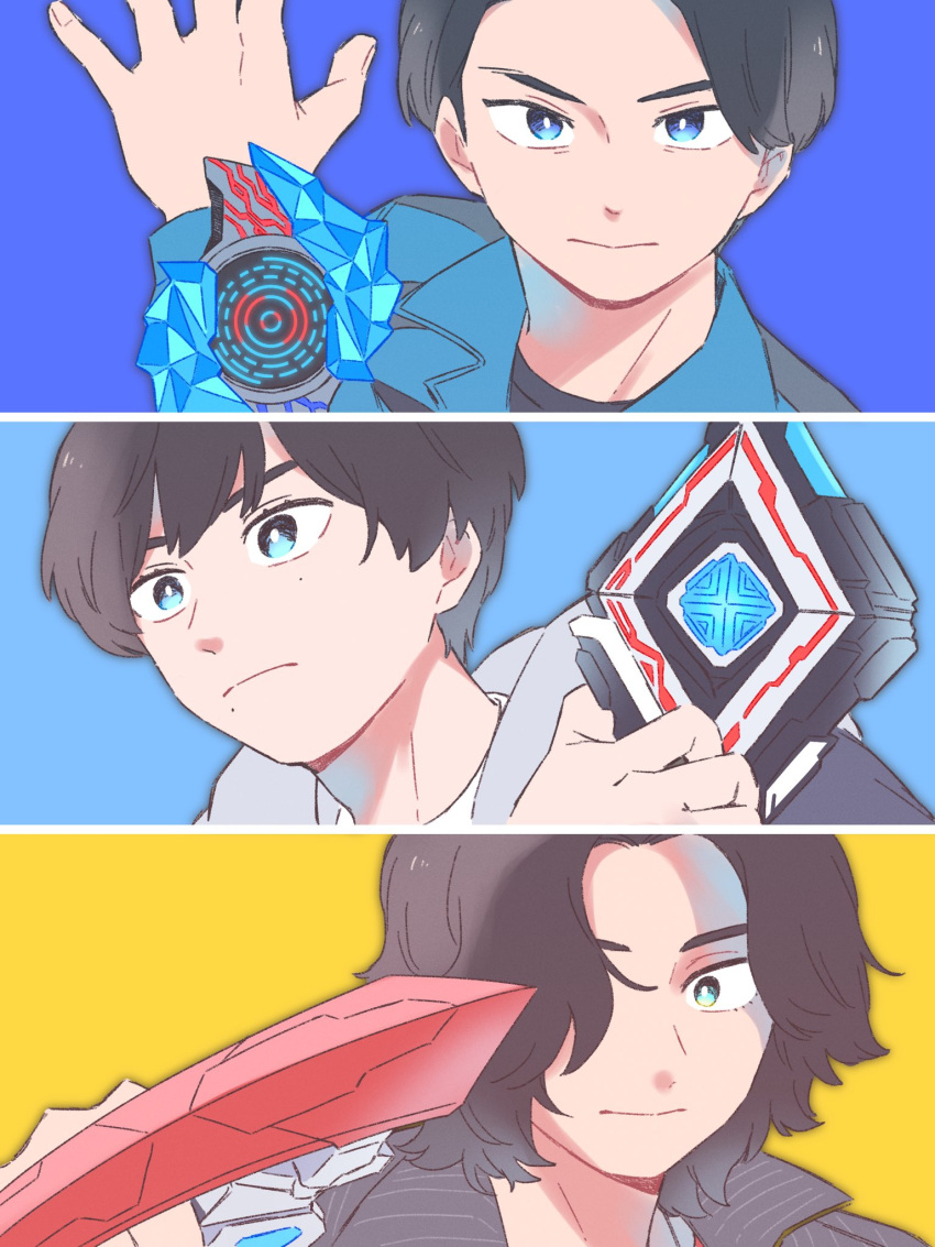 3boys, arc_ariser, arc_cube, asai_222, black_hair, black_jacket, black_outline, blazar_brace, blue_background, blue_eyes, blue_jacket, colorful_background, commentary, grey_hoodie, highres, hiruma_gento, hize_yuuma, holding, hood, hoodie, jacket, jewelry, male_focus, medium_hair, multiple_boys, necklace, omega_slugger, one_eye_covered, ookida_sorato, outline, red_shirt, shirt, striped_clothes, striped_jacket, swept_bangs, ultra_series, ultraman_arc_(series), ultraman_blazar_(series), ultraman_omega_(series), v-shaped_eyebrows, white_shirt, yellow_background