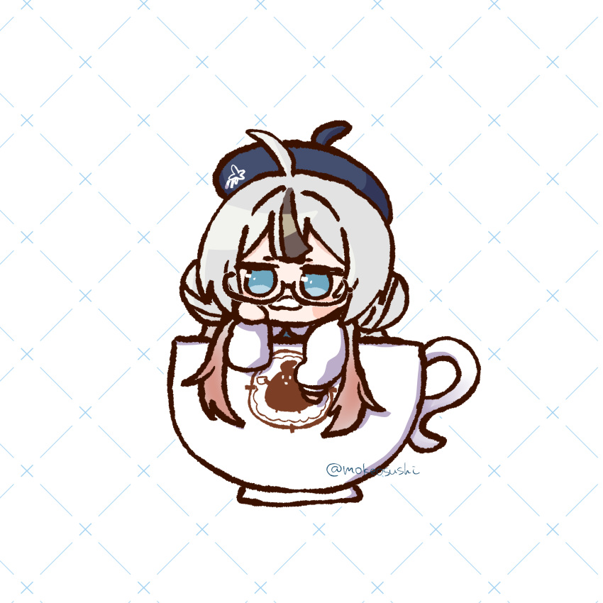 1girl, absurdres, ahoge, artist_name, azur_lane, beret, black_hair, blue_eyes, blue_hat, chibi, chibi_only, commentary_request, cup, glasses, gradient_hair, hat, highres, l'indomptable_(azur_lane), l'indomptable_(the_covert_eavesdropper!)_(azur_lane), mokeosushi, multicolored_hair, official_alternate_costume, red_hair, solo, streaked_hair, twitter_username, white_hair