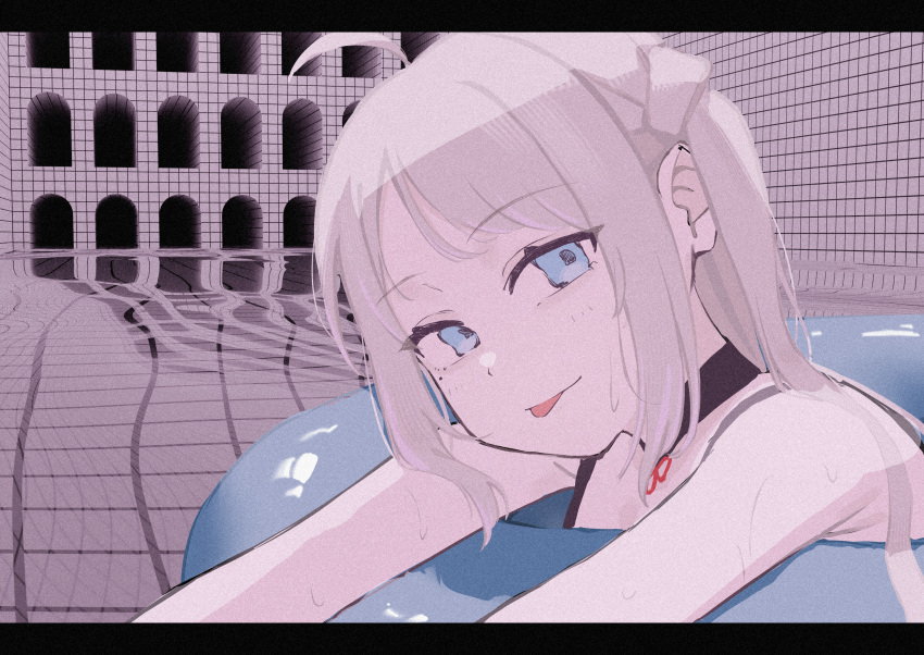 1girl, absurdres, ahoge, bikini, black_bikini, blue_eyes, film_grain, floating