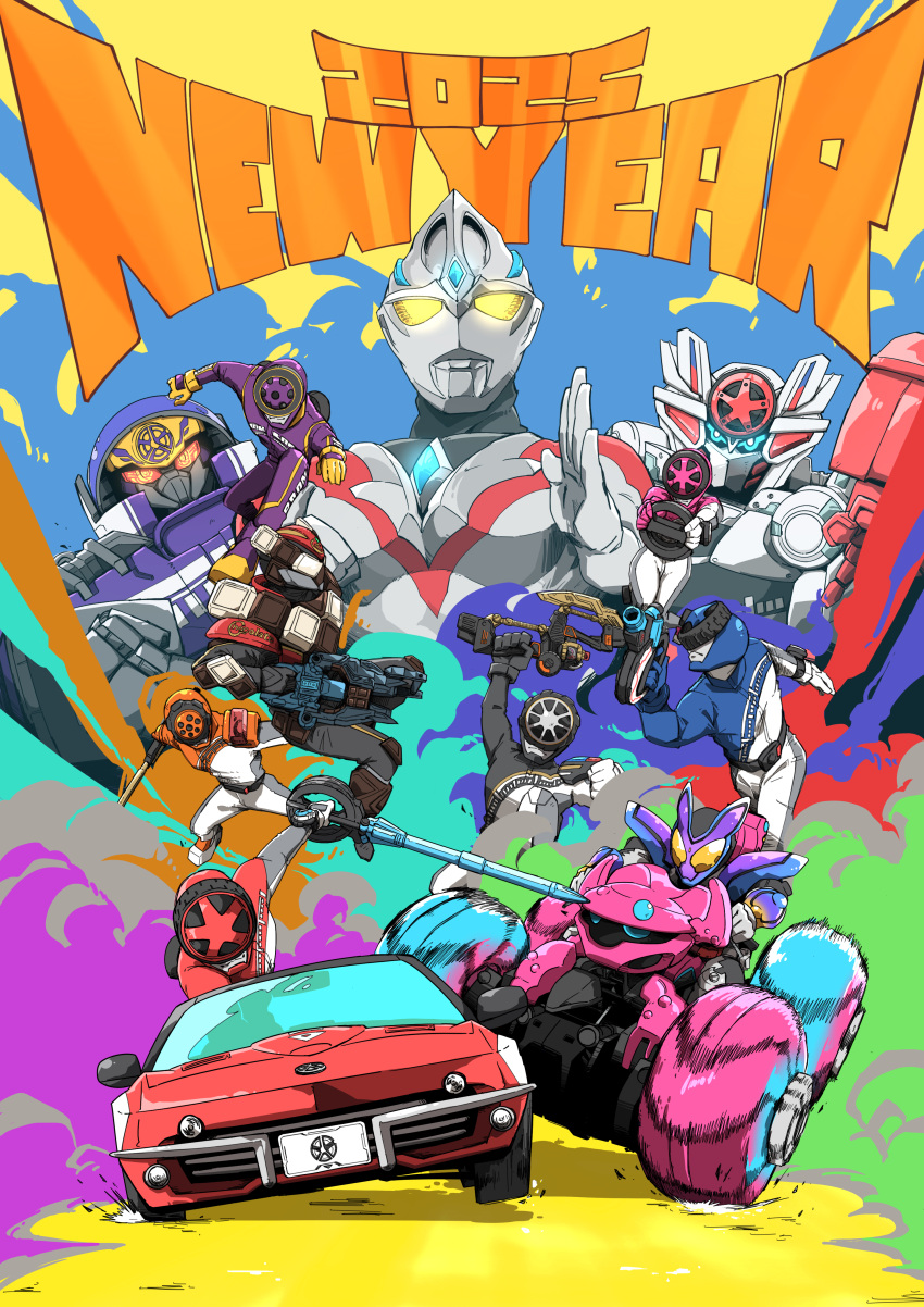 1girl, 2025, 6+boys, absurdres, alien, all-terrain_vehicle, armor, bakuage_sentai_boonboomger