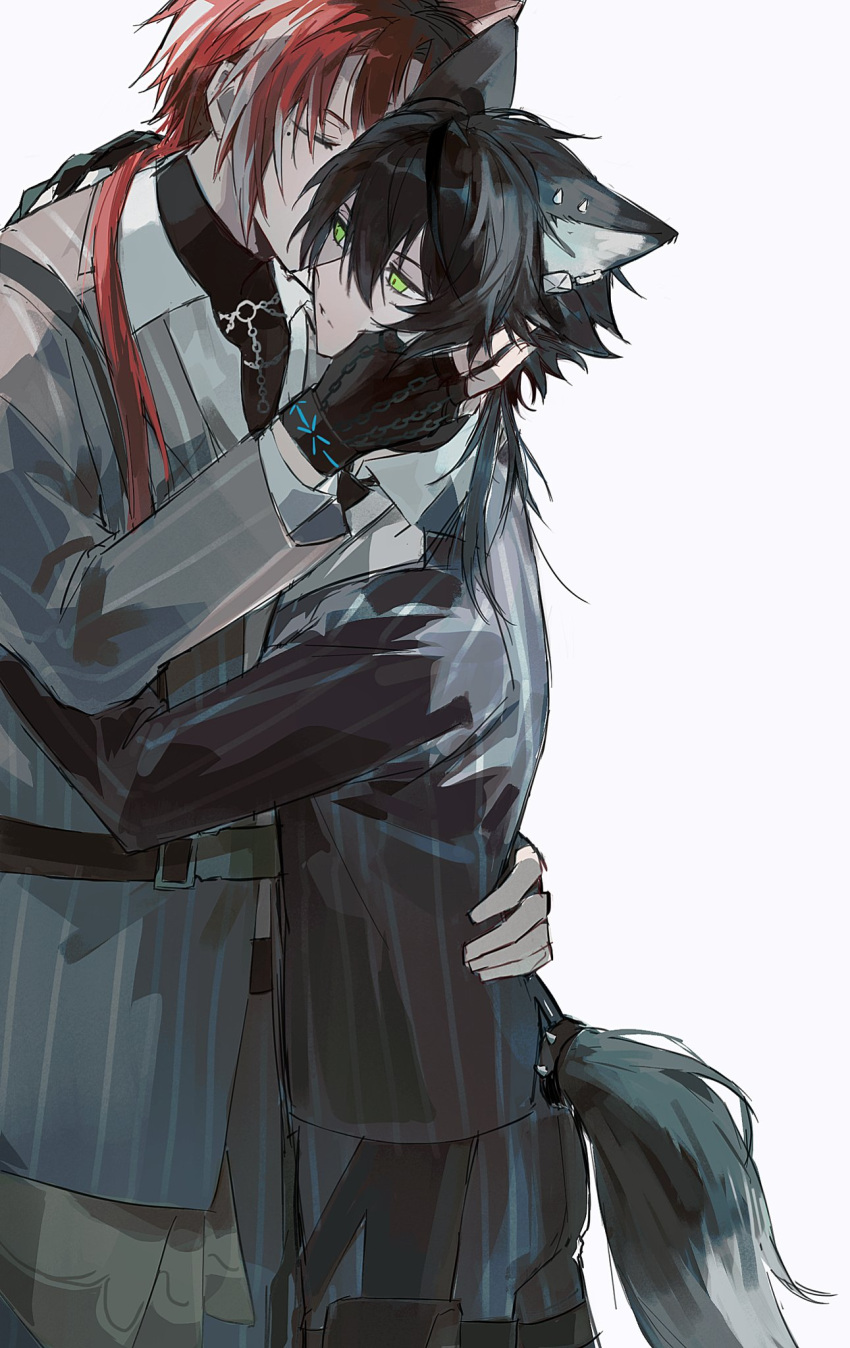 2boys, animal_ears, arknights, bellone_(arknights), belt, black_hair, chain, chain_earrings